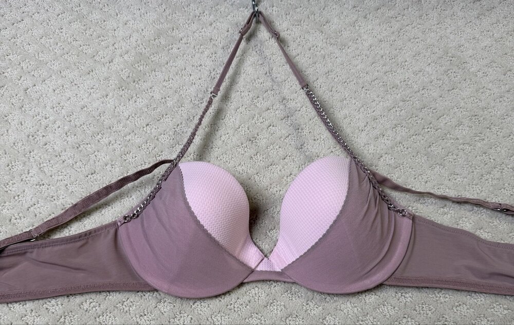 Marlies Dekkers 16251 Plunge Push Up Bra Womens Pink Mauve Chain Strap Size 36C